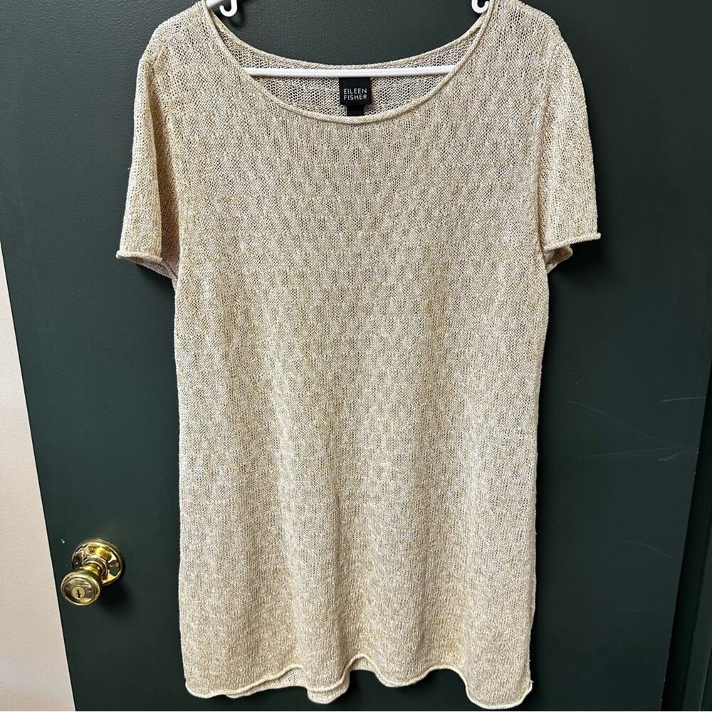 Eileen Fisher Linen Knit Top Womens XL Tan Neutral Roll Neck Short Sleeves Shirt